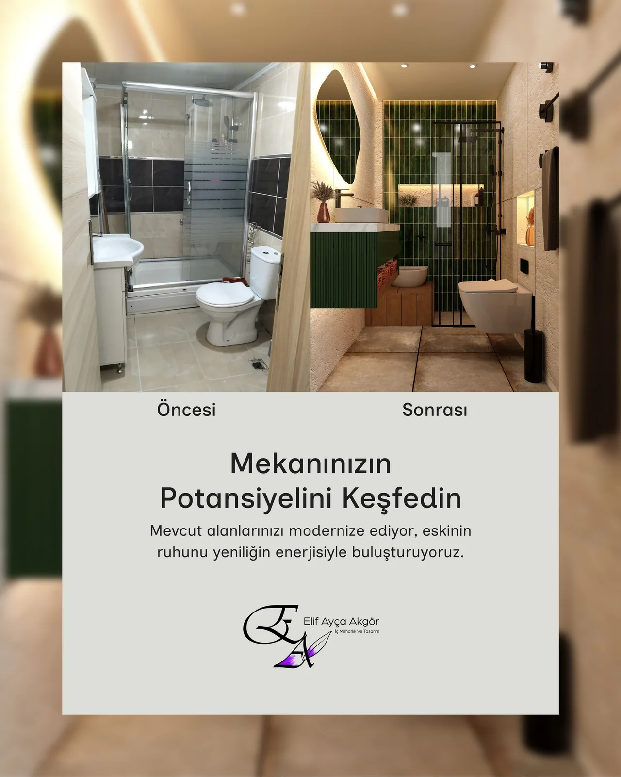 Banyonun öncesi fotoğrafı ve sonrası için hazırlanan 3D tasarım görseli yan yana