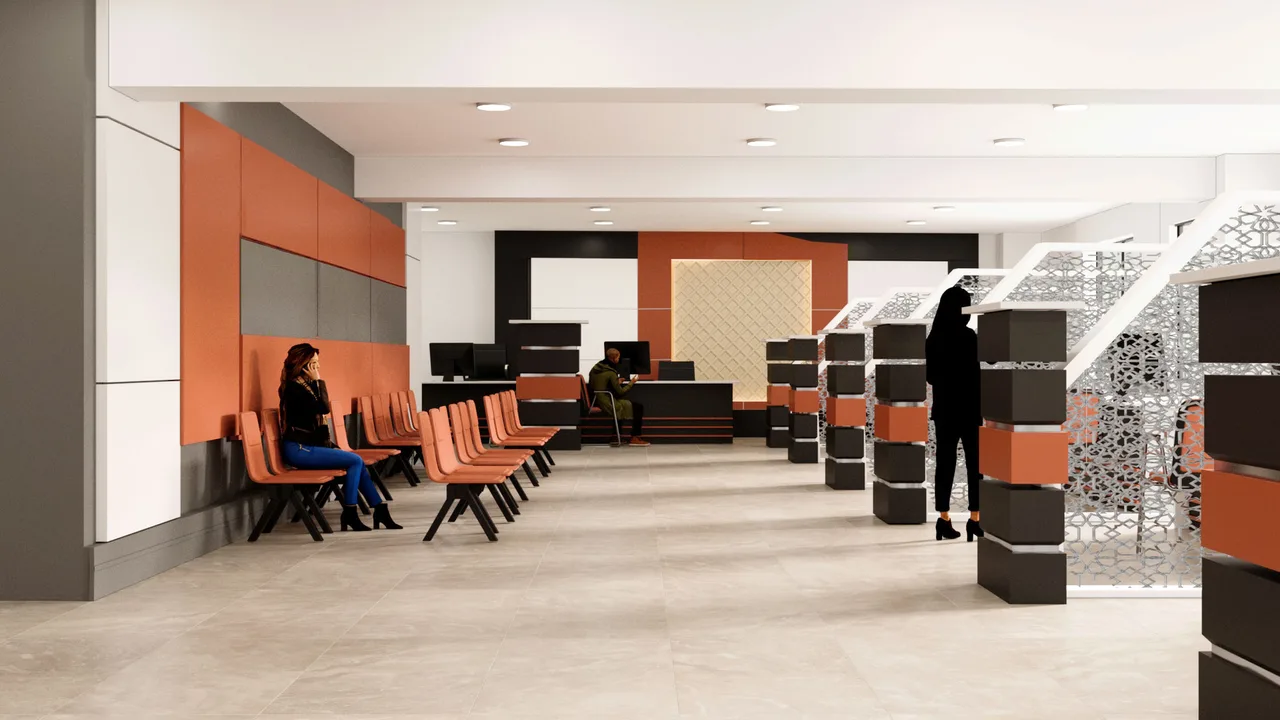 Turuncu duvar panelli ve sıralı oturma gruplu kamu binası bekleme alanı tasarımı