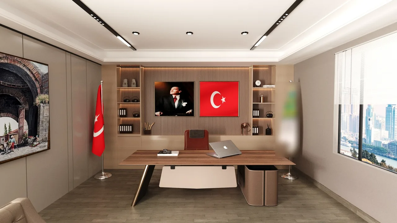 Ahşap çıtalı duvar, gizli aydınlatmalı raf nişleri ve ahşap masalı özel kalem odası tasarımı