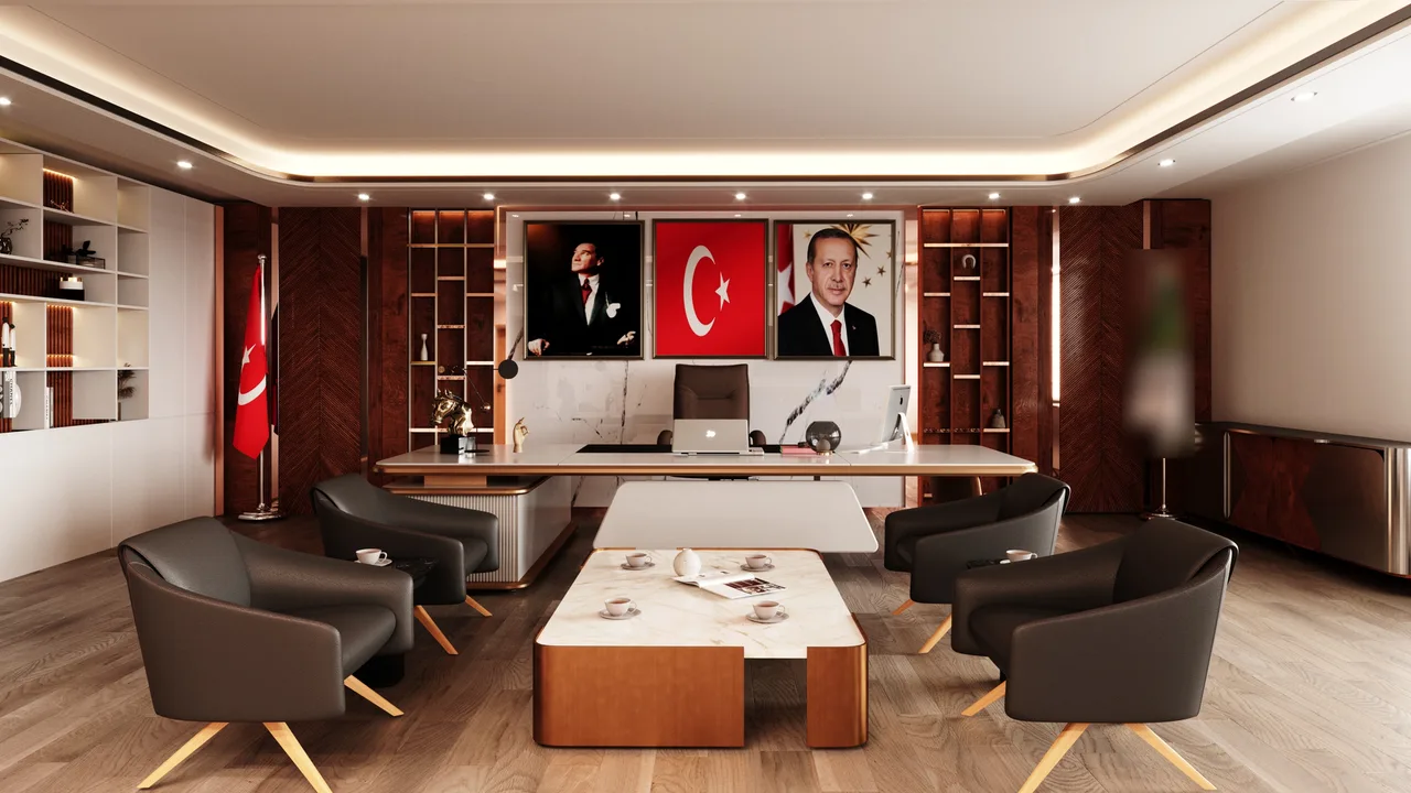 Koyu ahşap panelli, deri koltuklu ve mermer sehpalı makam odası tasarımı