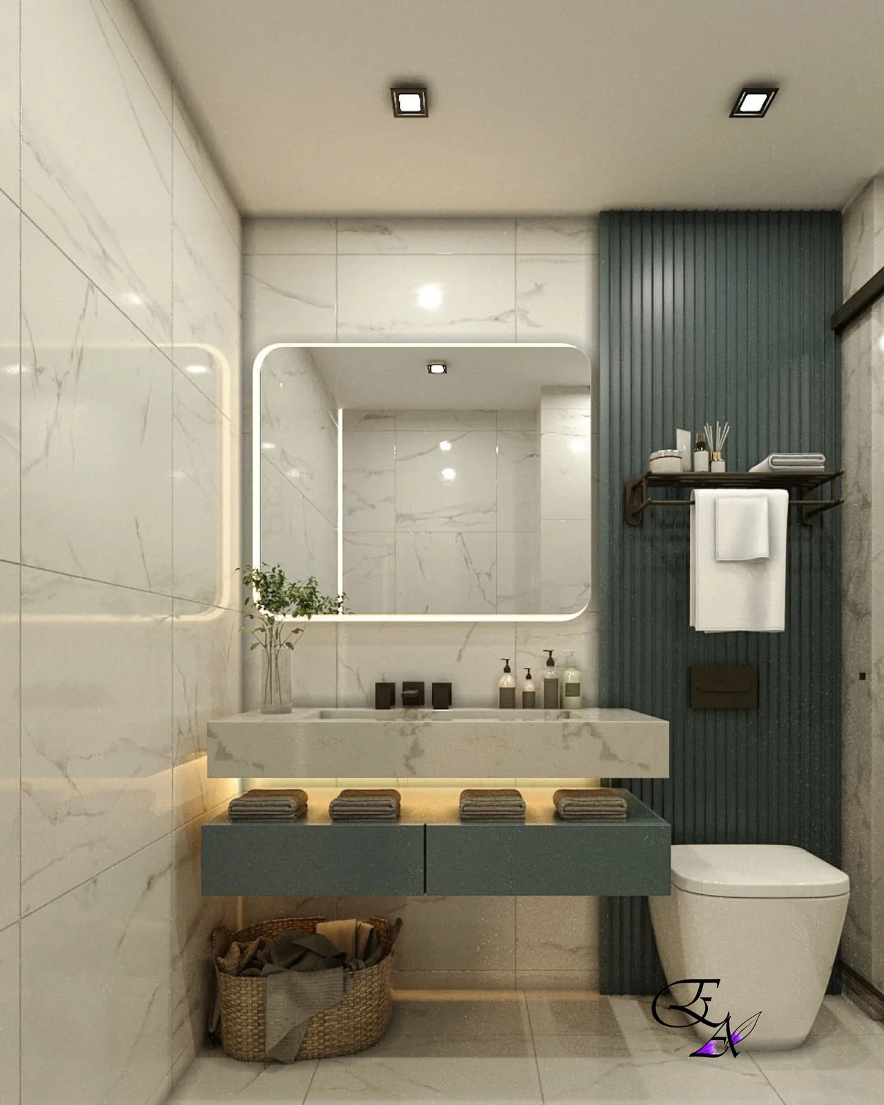 Mermer kaplamalı, yeşil dikey panelli ve ışıklı aynalı banyo tasarımı