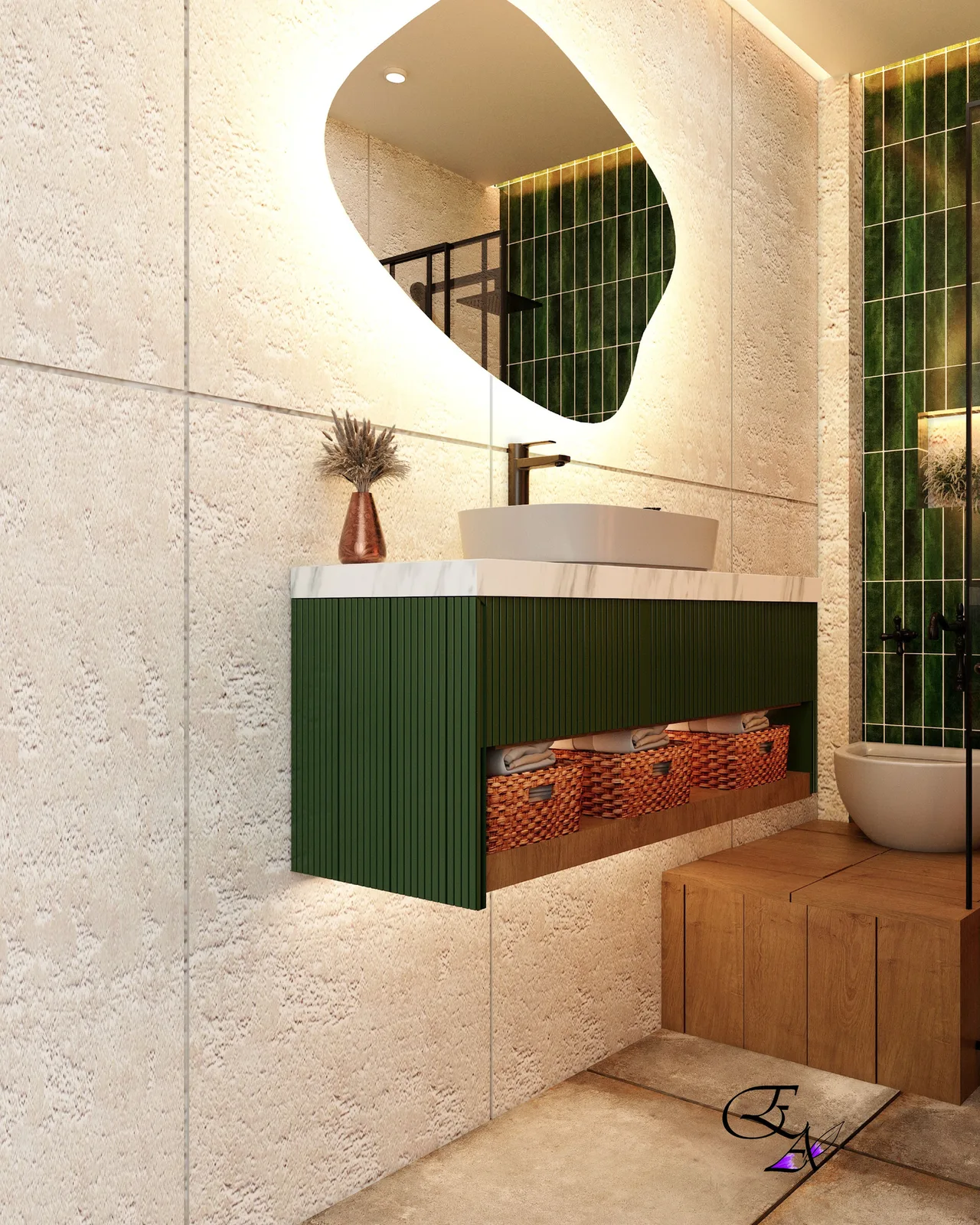 Zümrüt yeşili seramikli, traverten duvarlı ve kavisli ışıklı aynalı banyo tasarımı